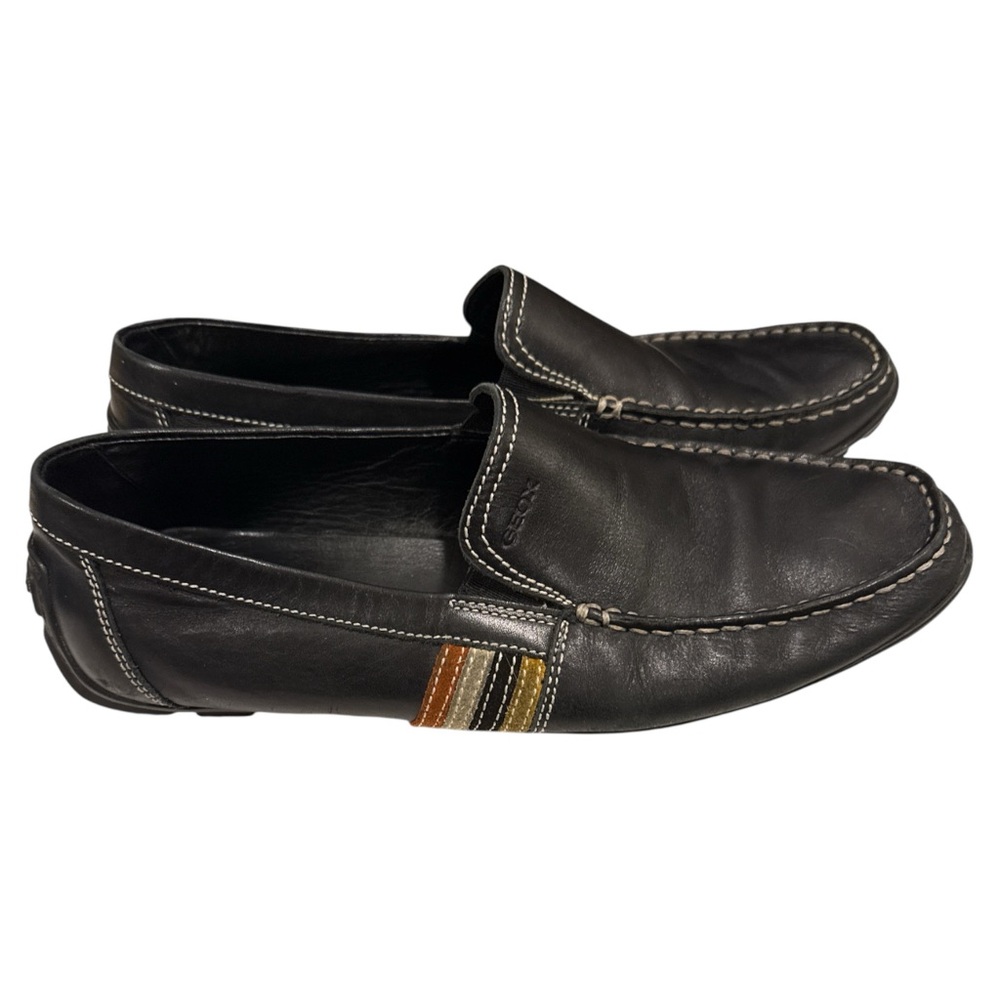 Geox Men’s Black Leather Driving Loafers Moccasins‎ Striped Side Detail Read 8.5